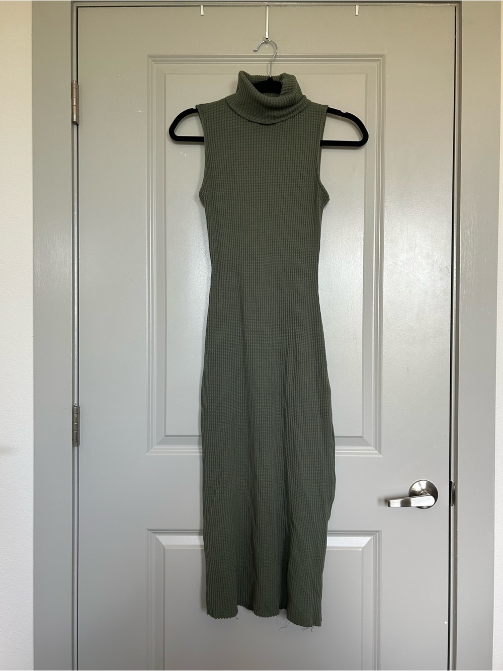 Stateside Olive Waffle Textured Sleeveless Turtleneck Midi Dress
